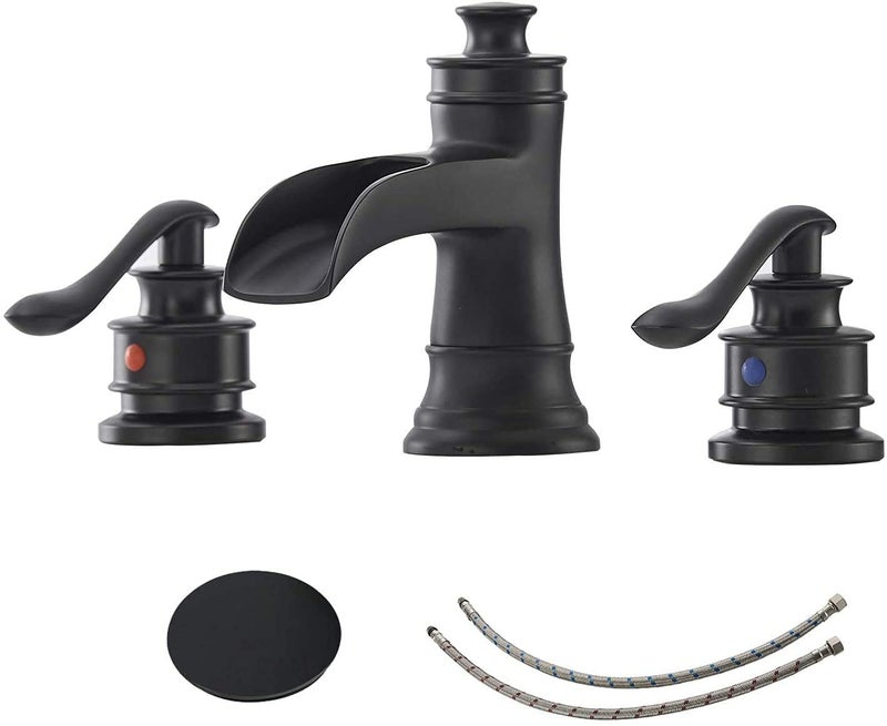 Homevacious 8 inch Widespread Bathroom Faucet 3 Hole 2 Handle Black Farmhouse Waterfall Bathroom Sink Faucet with Pop Up Drain Sink Vanity Basin Mixer Tap with Overflow Lavatory Supply Line by Homevacious - Image 1